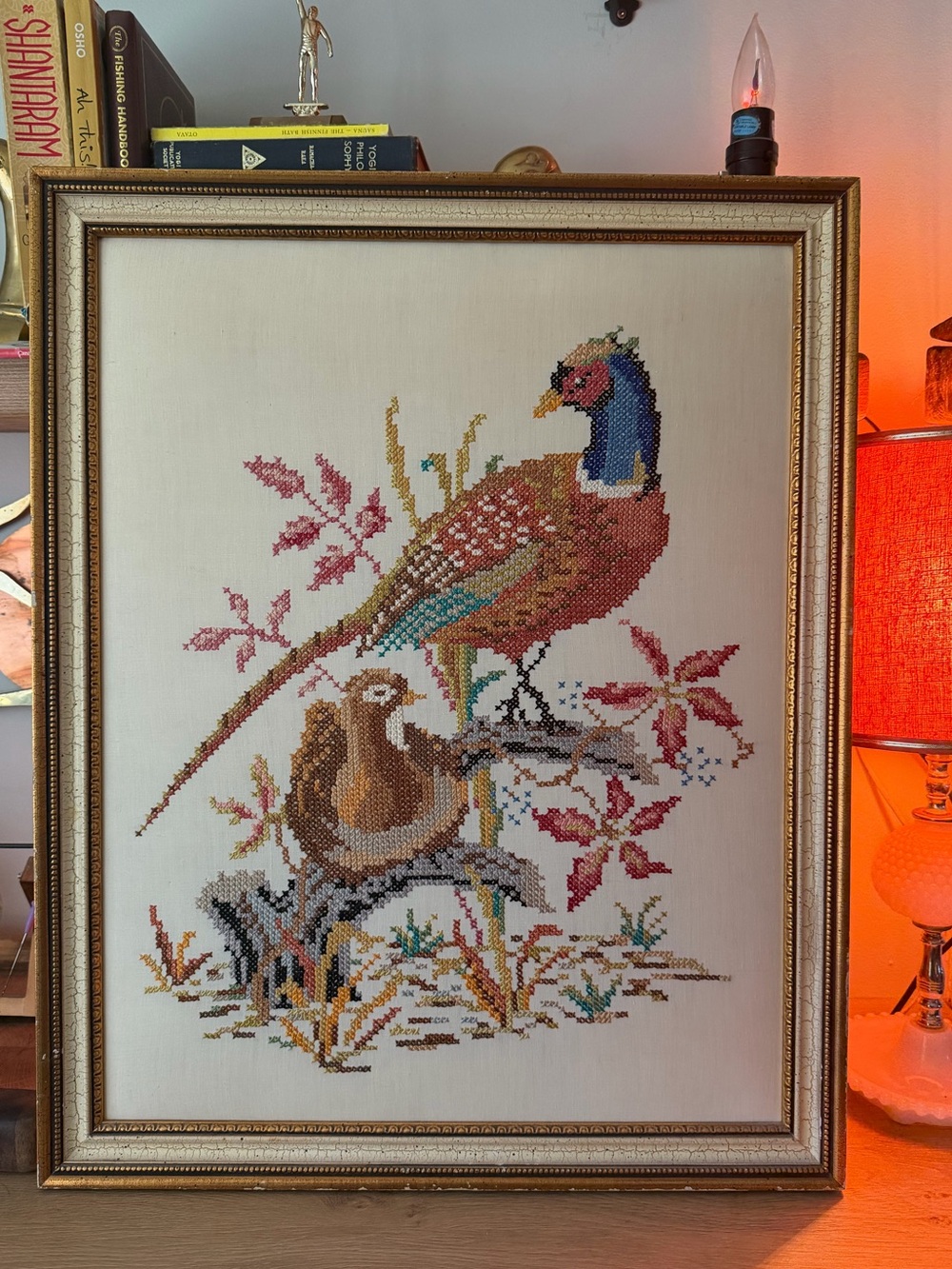 Vintage MidCentury Framed Cross-Stitch Pheasant Artwork in Multicolor